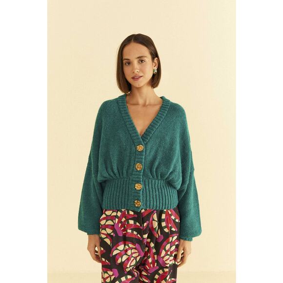 NWT Farm Rio Bubble Knit Cardigan Gold-Tone Buttons Wool Blend Emerald Size XXS - Picture 2 of 13